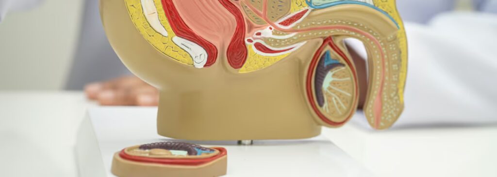 Side view illustration of the pelvic floor anatomy, including the puborectalis sling and rectum, used as the featured image for a Pelvix guide to anismus and dyssynergic defaecation.